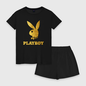 Женская пижама с шортиками хлопок с принтом PLAYBOY GOLD в Петрозаводске, 100% хлопок | футболка прямого кроя, шорты свободные с широкой мягкой резинкой | brand | brazzers | fake taxi | faketaxi | hub | mode | playboy | бразерс | бренд | мода | фейк такси