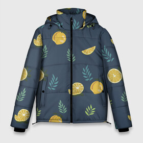 Мужская зимняя куртка 3D с принтом Лимонный узор в Петрозаводске, верх — 100% полиэстер; подкладка — 100% полиэстер; утеплитель — 100% полиэстер | длина ниже бедра, свободный силуэт Оверсайз. Есть воротник-стойка, отстегивающийся капюшон и ветрозащитная планка. 

Боковые карманы с листочкой на кнопках и внутренний карман на молнии. | ветка | веточка | еда | лимон | лимоны | лист | листья | цитрус | цитрусы