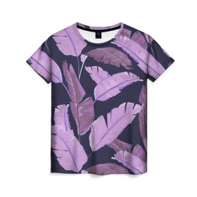 Женская футболка 3D с принтом Tropical leaves 4 purple в Петрозаводске, 100% полиэфир ( синтетическое хлопкоподобное полотно) | прямой крой, круглый вырез горловины, длина до линии бедер | leaves | palms. тропические | tropical | листья | пальмы