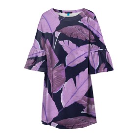 Детское платье 3D с принтом Tropical leaves 4 purple в Петрозаводске, 100% полиэстер | прямой силуэт, чуть расширенный к низу. Круглая горловина, на рукавах — воланы | Тематика изображения на принте: leaves | palms. тропические | tropical | листья | пальмы