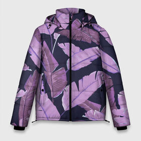 Мужская зимняя куртка 3D с принтом Tropical leaves 4 purple в Петрозаводске, верх — 100% полиэстер; подкладка — 100% полиэстер; утеплитель — 100% полиэстер | длина ниже бедра, свободный силуэт Оверсайз. Есть воротник-стойка, отстегивающийся капюшон и ветрозащитная планка. 

Боковые карманы с листочкой на кнопках и внутренний карман на молнии. | leaves | palms. тропические | tropical | листья | пальмы