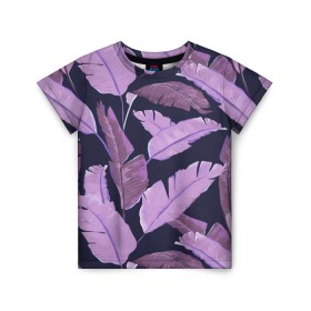 Детская футболка 3D с принтом Tropical leaves 4 purple в Петрозаводске, 100% гипоаллергенный полиэфир | прямой крой, круглый вырез горловины, длина до линии бедер, чуть спущенное плечо, ткань немного тянется | leaves | palms. тропические | tropical | листья | пальмы