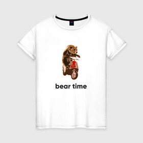 Женская футболка хлопок с принтом Bear time в Петрозаводске, 100% хлопок | прямой крой, круглый вырез горловины, длина до линии бедер, слегка спущенное плечо | bear | bear time | bike | moto | motorbike | motorcycle | scooter | медведь | миша | мишка | мопед | мото | мотоцикл