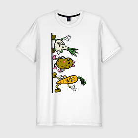 Мужская футболка хлопок Slim с принтом овощи в Петрозаводске, 92% хлопок, 8% лайкра | приталенный силуэт, круглый вырез ворота, длина до линии бедра, короткий рукав | еда | картошка | корнеплоды | морковь | мультфильм | овощи | прикольные картинки | чеснок