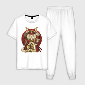Мужская пижама хлопок с принтом Кот Самурай в Петрозаводске, 100% хлопок | брюки и футболка прямого кроя, без карманов, на брюках мягкая резинка на поясе и по низу штанин
 | cat | japan | ronin | samurai | воин | кот | котик | котэ | няшка | ронин | рыцарь | самурай | шлем | япония