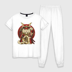 Женская пижама хлопок с принтом Кот Самурай в Петрозаводске, 100% хлопок | брюки и футболка прямого кроя, без карманов, на брюках мягкая резинка на поясе и по низу штанин | cat | japan | ronin | samurai | воин | кот | котик | котэ | няшка | ронин | рыцарь | самурай | шлем | япония
