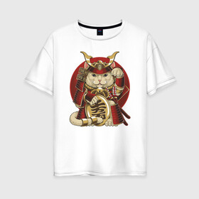 Женская футболка хлопок Oversize с принтом Кот Самурай в Петрозаводске, 100% хлопок | свободный крой, круглый ворот, спущенный рукав, длина до линии бедер
 | cat | japan | ronin | samurai | воин | кот | котик | котэ | няшка | ронин | рыцарь | самурай | шлем | япония