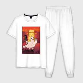 Мужская пижама хлопок с принтом Голубь на фоне Атомного Взрыва в Петрозаводске, 100% хлопок | брюки и футболка прямого кроя, без карманов, на брюках мягкая резинка на поясе и по низу штанин
 | 
