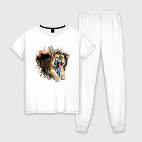 Женская пижама хлопок с принтом Тигр в Петрозаводске, 100% хлопок | брюки и футболка прямого кроя, без карманов, на брюках мягкая резинка на поясе и по низу штанин | animal | tiger | арт | животное | полосатый | рисунок | тигр | хищная кошка | хищник