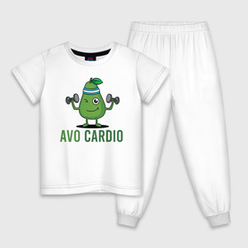Детская пижама хлопок с принтом AVOCArDiO в Петрозаводске, 100% хлопок |  брюки и футболка прямого кроя, без карманов, на брюках мягкая резинка на поясе и по низу штанин
 | avo cardio | avocado | cardio | авокадо | гантели | милые создания | надпись | рисунок | спорт