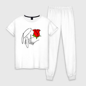 Женская пижама хлопок с принтом PAYTON MOORMEIER (НА СПИНЕ) в Петрозаводске, 100% хлопок | брюки и футболка прямого кроя, без карманов, на брюках мягкая резинка на поясе и по низу штанин | Тематика изображения на принте: flower | payton moormeier | roses | tiktok | блогер | пейтон | пейтон моормиер | розы | тикток | тиктокер | цветы | ютубер