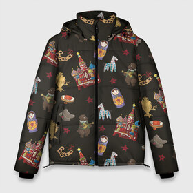 Мужская зимняя куртка 3D с принтом Москва символика в Петрозаводске, верх — 100% полиэстер; подкладка — 100% полиэстер; утеплитель — 100% полиэстер | длина ниже бедра, свободный силуэт Оверсайз. Есть воротник-стойка, отстегивающийся капюшон и ветрозащитная планка. 

Боковые карманы с листочкой на кнопках и внутренний карман на молнии. | Тематика изображения на принте: doodling | pattern | textures | tiles | балалайка | дудлинг | коллаж | кремль | матрешка | медведь | москва | паттерны | россия | тайлы | текстуры | фон