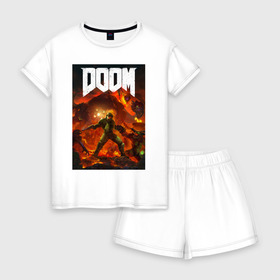 Женская пижама с шортиками хлопок с принтом DOOM ETERNAL в Петрозаводске, 100% хлопок | футболка прямого кроя, шорты свободные с широкой мягкой резинкой | demons | devil | doom | doom eternal | doom slayer | hell | slayer | ад | демоны | дум