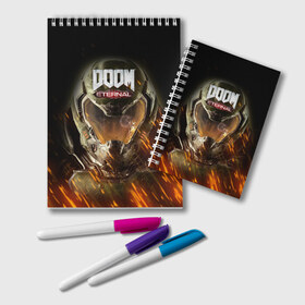 Блокнот с принтом DOOM ETERNAL в Петрозаводске, 100% бумага | 48 листов, плотность листов — 60 г/м2, плотность картонной обложки — 250 г/м2. Листы скреплены удобной пружинной спиралью. Цвет линий — светло-серый
 | demons | devil | doom | doom eternal | doom slayer | hell | slayer | ад | демоны | дум