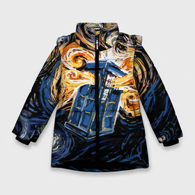 Зимняя куртка для девочек 3D с принтом Van Gogh Tardis в Петрозаводске, ткань верха — 100% полиэстер; подклад — 100% полиэстер, утеплитель — 100% полиэстер. | длина ниже бедра, удлиненная спинка, воротник стойка и отстегивающийся капюшон. Есть боковые карманы с листочкой на кнопках, утяжки по низу изделия и внутренний карман на молнии. 

Предусмотрены светоотражающий принт на спинке, радужный светоотражающий элемент на пуллере молнии и на резинке для утяжки. | david tennant | doctor who | jodie whittaker | matt smith | space | tardis | time | время | девид теннант | джоди уиттакер | доктор | доктор кто | космос | мэтт смит | тардис