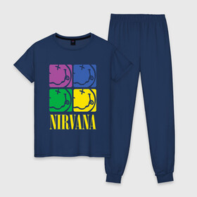 Женская пижама хлопок с принтом NIRVANA в Петрозаводске, 100% хлопок | брюки и футболка прямого кроя, без карманов, на брюках мягкая резинка на поясе и по низу штанин | american | cobain | grunge | nirvana | punk | rock | vusic | америка | гранж | кобэйн | музыка | нирвана | панк | рок | смайлик