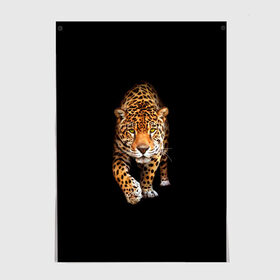 Постер с принтом Ягуар в Петрозаводске, 100% бумага
 | бумага, плотность 150 мг. Матовая, но за счет высокого коэффициента гладкости имеет небольшой блеск и дает на свету блики, но в отличии от глянцевой бумаги не покрыта лаком | Тематика изображения на принте: animal | art | black | cat | hunter | jaguar | leopard | арт | гепард | голова | животное | животные | зверь | клыки | кот | кошка | леопард | охотник | темнота | хищник | ягуар