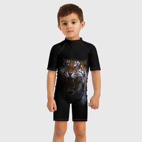 Детский купальный костюм 3D с принтом Тигр в Петрозаводске, Полиэстер 85%, Спандекс 15% | застежка на молнии на спине | animal | animals | beast | black | cat | kitten | tiger | животное | животные | зверек | зверь | кот | котики | кошка | кошки | тигр | черная