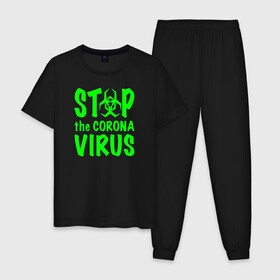 Мужская пижама хлопок с принтом Stop the Coronavirus в Петрозаводске, 100% хлопок | брюки и футболка прямого кроя, без карманов, на брюках мягкая резинка на поясе и по низу штанин
 | Тематика изображения на принте: 2019   ncov | coronavirus | covid | covid 19 | ncov | virus | арт | биологическая опасность | болезнь | вирус | знак | карантин | корона | коронавирус | короновирус | мем | мой руки | оставайся дома | пандемия | помой руки