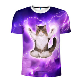 Мужская футболка 3D спортивная с принтом Повелитель Молний | Котэ в Петрозаводске, 100% полиэстер с улучшенными характеристиками | приталенный силуэт, круглая горловина, широкие плечи, сужается к линии бедра | Тематика изображения на принте: cat | cats | kitten | kitty | memes | nice | punk | rain | yoga | грозы | дождь | йога | кот | котик | котики | котэ | кошка | медитация | мем | мемы | милая | милый | молнии | панк | приколы | рок | рэп | трэш