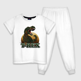 Детская пижама хлопок с принтом T-Rex в Петрозаводске, 100% хлопок |  брюки и футболка прямого кроя, без карманов, на брюках мягкая резинка на поясе и по низу штанин
 | Тематика изображения на принте: dino | dinosaurs | t rex | trex | вымирание | дино | динозавр | зубы | ледниковый | ледниковый период | мамонт | опасность | оскал | пасть | т рекс | ти рекс | тирекс | хвост | холод | чешуя