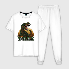 Мужская пижама хлопок с принтом T-Rex в Петрозаводске, 100% хлопок | брюки и футболка прямого кроя, без карманов, на брюках мягкая резинка на поясе и по низу штанин
 | Тематика изображения на принте: dino | dinosaurs | t rex | trex | вымирание | дино | динозавр | зубы | ледниковый | ледниковый период | мамонт | опасность | оскал | пасть | т рекс | ти рекс | тирекс | хвост | холод | чешуя