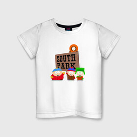 Детская футболка хлопок с принтом South Park - персонажи с логотипом в Петрозаводске, 100% хлопок | круглый вырез горловины, полуприлегающий силуэт, длина до линии бедер | park | south | south park | картман | кени | они убили кени | парк | сволочи | южный | южный парк