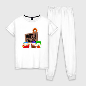 Женская пижама хлопок с принтом South Park в Петрозаводске, 100% хлопок | брюки и футболка прямого кроя, без карманов, на брюках мягкая резинка на поясе и по низу штанин | park | south | south park | картман | кени | они убили кени | парк | сволочи | южный | южный парк