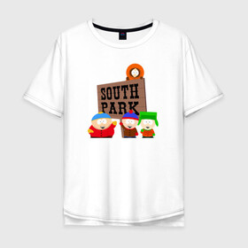 Мужская футболка хлопок Oversize с принтом South Park - персонажи с логотипом в Петрозаводске, 100% хлопок | свободный крой, круглый ворот, “спинка” длиннее передней части | Тематика изображения на принте: park | south | south park | картман | кени | они убили кени | парк | сволочи | южный | южный парк