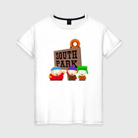 Женская футболка хлопок с принтом South Park - персонажи с логотипом в Петрозаводске, 100% хлопок | прямой крой, круглый вырез горловины, длина до линии бедер, слегка спущенное плечо | park | south | south park | картман | кени | они убили кени | парк | сволочи | южный | южный парк