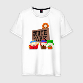 Мужская футболка хлопок с принтом South Park - персонажи с логотипом в Петрозаводске, 100% хлопок | прямой крой, круглый вырез горловины, длина до линии бедер, слегка спущенное плечо. | Тематика изображения на принте: park | south | south park | картман | кени | они убили кени | парк | сволочи | южный | южный парк