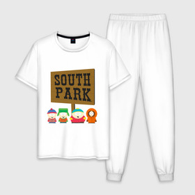 Мужская пижама хлопок с принтом South Park. в Петрозаводске, 100% хлопок | брюки и футболка прямого кроя, без карманов, на брюках мягкая резинка на поясе и по низу штанин
 | south park | американская культура | американский мультсериал | колорадо | пародия | саус парк | саут парк | черный юмор | четыре мальчика | шоу | южный парк