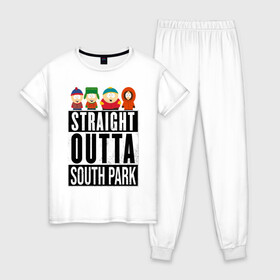 Женская пижама хлопок с принтом SOUTH PARK в Петрозаводске, 100% хлопок | брюки и футболка прямого кроя, без карманов, на брюках мягкая резинка на поясе и по низу штанин | animation | cartman | colorado | eric | gangsta | hip hop | kenny | n.w.a | san | south park | usa | жесть | кайл | картман | кенни | мультфильмы | шикарно | эрик | южный парк
