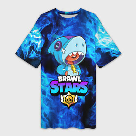 Платье-футболка 3D с принтом BRAWL STARS LEON SHARK в Петрозаводске,  |  | 8 bit | 8 бит | bibi | blue | brawl stars | crow | el brown | fire | leon | leon shark | max | mr.p | sally leon | shark | stars | virus | werewolf | акула | биби | вирус | ворон | леон | оборотень | огонь | пингвин
