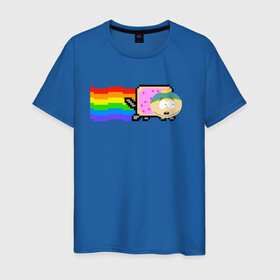 Мужская футболка хлопок с принтом Картман Nyan Cat в Петрозаводске, 100% хлопок | прямой крой, круглый вырез горловины, длина до линии бедер, слегка спущенное плечо. | Тематика изображения на принте: cartman | eric cartman | nyan cat | south park | кот | милый | ня кот | нян кот | няшный | прикол | радуга | радужный | саус парк | смешная | смешной | эрик | эрик картман | южный парк