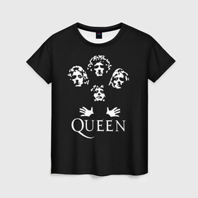 Женская футболка 3D с принтом QUEEN (НА СПИНЕ) в Петрозаводске, 100% полиэфир ( синтетическое хлопкоподобное полотно) | прямой крой, круглый вырез горловины, длина до линии бедер | queen | rock | we will rock you | брайан мэи | группа queen | группа квин | джон дикон | квин | королева | король | роджер тейлор | рок | фредди меркьюри