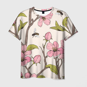 Мужская футболка 3D с принтом САКУРА | SAKURA в Петрозаводске, 100% полиэфир | прямой крой, круглый вырез горловины, длина до линии бедер | animals | bees | chery | flowers | insects | japan | sakura | вишня | животные | насекомые | пчелы | растения | сакура | цветы | цветы сакуры | япония