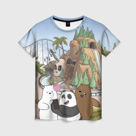 Женская футболка 3D с принтом Вся правда о медведях. Селфи в Петрозаводске, 100% полиэфир ( синтетическое хлопкоподобное полотно) | прямой крой, круглый вырез горловины, длина до линии бедер | grizzly | ice bear | panda | the three bare bears | vdzajul | we bare bears | белый | вся правда о медведях | гризли | панда | правда