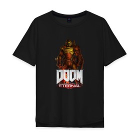 Мужская футболка хлопок Oversize с принтом DOOM ETERNAL в Петрозаводске, 100% хлопок | свободный крой, круглый ворот, “спинка” длиннее передней части | demons | devil | doom | doom eternal | doom guy | doom slayer | hell | slayer | ад | демоны | дум | палач рока