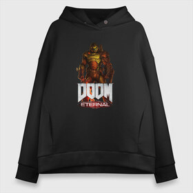 Женское худи Oversize хлопок с принтом DOOM ETERNAL в Петрозаводске, френч-терри — 70% хлопок, 30% полиэстер. Мягкий теплый начес внутри —100% хлопок | боковые карманы, эластичные манжеты и нижняя кромка, капюшон на магнитной кнопке | demons | devil | doom | doom eternal | doom guy | doom slayer | hell | slayer | ад | демоны | дум | палач рока