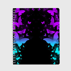 Тетрадь с принтом НЕОНОВЫЕ БАБОЧКИ в Петрозаводске, 100% бумага | 48 листов, плотность листов — 60 г/м2, плотность картонной обложки — 250 г/м2. Листы скреплены сбоку удобной пружинной спиралью. Уголки страниц и обложки скругленные. Цвет линий — светло-серый
 | abstraction | butterfly | geometry | hexagon | neon | paints | stripes | texture | triangle | абстракция | бабочки | брызги | геометрия | краски | неон | неоновый | соты | текстура