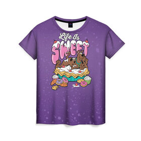 Женская футболка 3D с принтом Life is Sweet в Петрозаводске, 100% полиэфир ( синтетическое хлопкоподобное полотно) | прямой крой, круглый вырез горловины, длина до линии бедер | scooby doo | vdosadir | скуберт фон дуенхеймер | скуби ду | сладости | уильям ханна