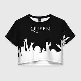 Женская футболка Crop-top 3D с принтом QUEEN  в Петрозаводске, 100% полиэстер | круглая горловина, длина футболки до линии талии, рукава с отворотами | queen | rock | we will rock you | брайан мэи | группа queen | группа квин | джон дикон | квин | королева | король | роджер тейлор | рок | фредди меркьюри