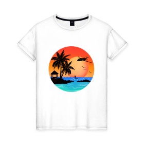 Женская футболка хлопок с принтом Закат на море в Петрозаводске, 100% хлопок | прямой крой, круглый вырез горловины, длина до линии бедер, слегка спущенное плечо | закат | лодка | море | океан | отдых | отпуск | пальма | птицы | самолет | солнце | яркая