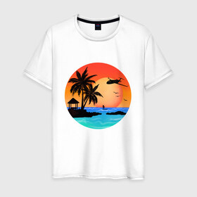 Мужская футболка хлопок с принтом Закат на море в Петрозаводске, 100% хлопок | прямой крой, круглый вырез горловины, длина до линии бедер, слегка спущенное плечо. | закат | лодка | море | океан | отдых | отпуск | пальма | птицы | самолет | солнце | яркая