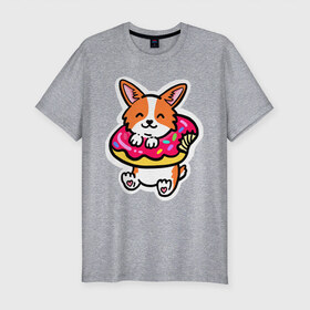 Мужская футболка хлопок Slim с принтом Милый корги в пончике в Петрозаводске, 92% хлопок, 8% лайкра | приталенный силуэт, круглый вырез ворота, длина до линии бедра, короткий рукав | corgi | корги | маленькая собачка | милый | милый корги | рыжая | рыжая собачка | собака | собачка | такси