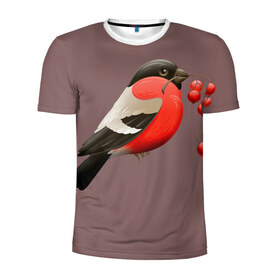 Мужская футболка 3D спортивная с принтом Снегирь в Петрозаводске, 100% полиэстер с улучшенными характеристиками | приталенный силуэт, круглая горловина, широкие плечи, сужается к линии бедра | Тематика изображения на принте: красные ягоды | прикольные картинки | природа | птица | ягода
