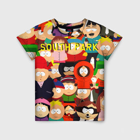 Детская футболка 3D с принтом SOUTH PARK в Петрозаводске, 100% гипоаллергенный полиэфир | прямой крой, круглый вырез горловины, длина до линии бедер, чуть спущенное плечо, ткань немного тянется | Тематика изображения на принте: cartman | kenny | kyle | south park | stan | кайл | картман | кенни | стэн | южный парк