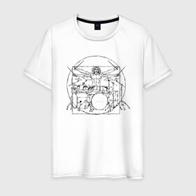 Мужская футболка хлопок с принтом Витрувианский барабанщик в Петрозаводске, 100% хлопок | прямой крой, круглый вырез горловины, длина до линии бедер, слегка спущенное плечо. | барабанщик | витрувианский человек | да винчи | рок | ударные