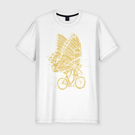 Мужская футболка хлопок Slim с принтом Бабочка на велосипеде в Петрозаводске, 92% хлопок, 8% лайкра | приталенный силуэт, круглый вырез ворота, длина до линии бедра, короткий рукав | бабочка | велосипед | велоспорт | зож